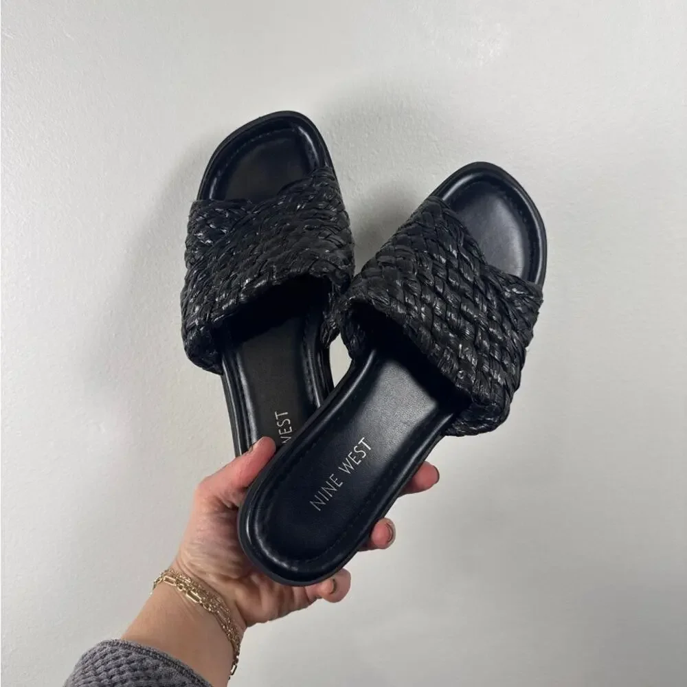Nine West Havah Woven/Braided Women's Flat Slide Sandals in Black, Size 7